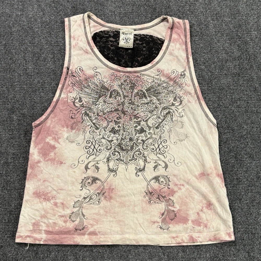 Y2K Vocal Shirt Womens Medium Pink V Neck Cross  Rhinestone Lace Affliction